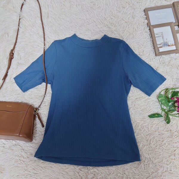 UNIQLO カットソー Tシャツ(L)くすみブルー/5~7分袖/細見え/シンプル/カジュアル