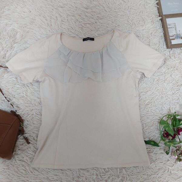 COMME CA ISM フロントシフォン Tシャツ カットソー(L)ベージュ/グレー/オフィスカジュアル
