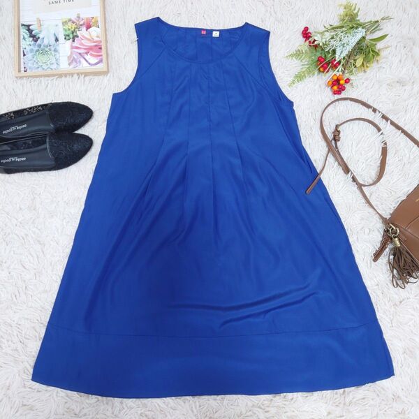 UNIQLO ノースリーブワンピース(M)ブルー/シンプル/大人上品/綺麗め