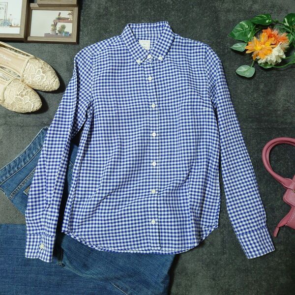 【美品】GAP ボタンダウン 長袖 シャツ(S)白/青/ギンガムチェック/綿100%/シンプル/カジュアル/オフィスカジュアル