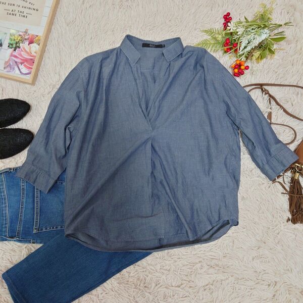 AZULbyMOUSSY 長袖スキッパー シャツ ブラウス(M)ブルーグレー/Vネック/シンプル/カジュアル/オフィスカジュアル