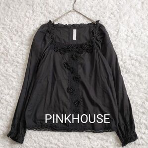 PINKHOUSE ピンクハウス フリル ブラウス カットソー シャツ フラワー 後ろボタン 黒 ブラック