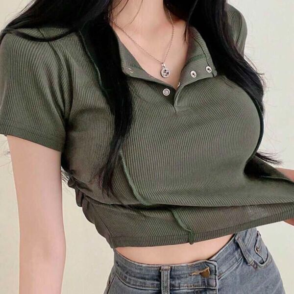 ショート丈 トップス リブニット クロップド Tシャツ 夏用