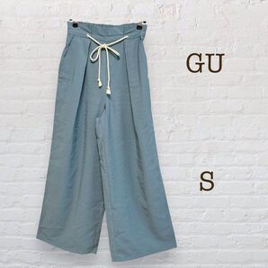 ジーユー/ロープベルト付きワイドパンツ/ウエストゴム/ワイドパンツ/ブルー/美品 パンツ
