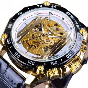 新品 FORSINING 自動巻機械式腕時計 メンズウォッチ ゴールド レザーベルト 1074 ホワイト