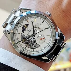 新品 WEISIKAI 自動巻機械式腕時計 メンズウォッチ ホワイト&シルバー ステンレスベルト