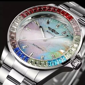 新品 WINNER 自動巻機械式腕時計 メンズウォッチ レインボー ステンレスストラップ