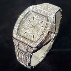 新品 ゴージャスストーンオマージュウォッチ メンズ腕時計 ブリンブリン CZ シルバー トノー