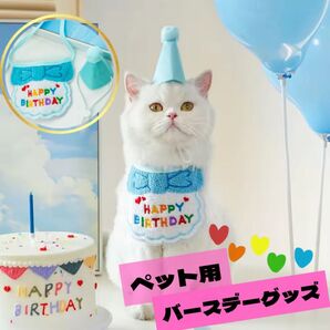 【新品】ペット用 バースデー 誕生日お祝いグッズ ハット&スタイ エプロン 水色 可愛い 記念写真 コスプレ かわいい SNS映え