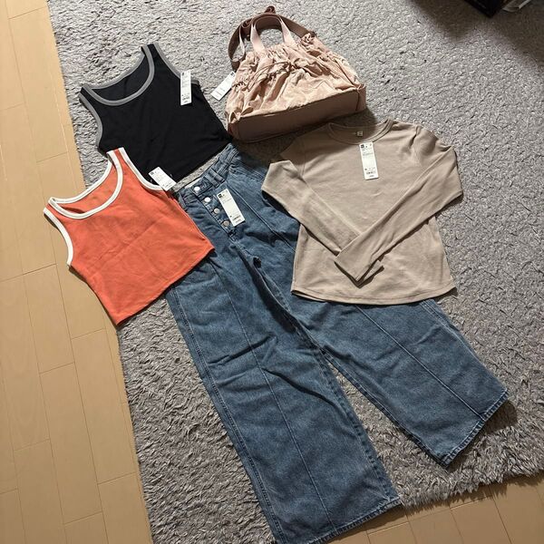 ジーユー Mサイズ ワイドジーンズ デニム ブルー 長袖 GU クロップド丈 バイカラー タンクトップ