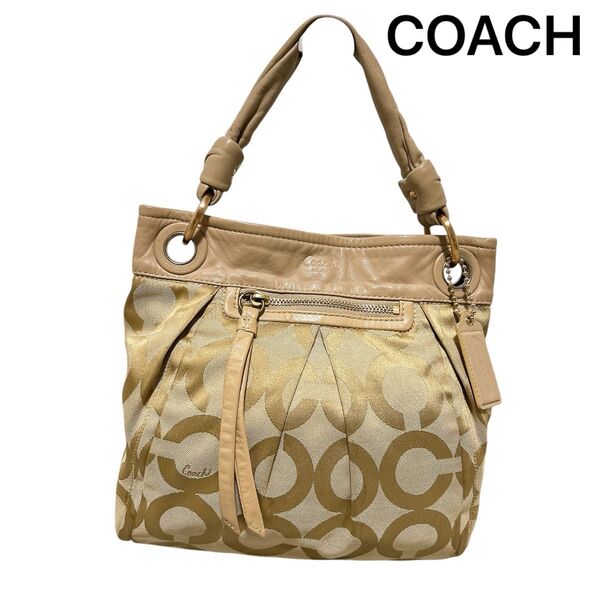 【COACH】 コーチ オプアート トートバッグ ハンドバッグ ショルダーバッグ レザー キャンバス 2WAY ピンベージュ