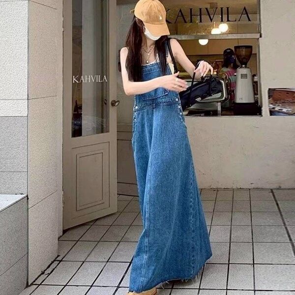 サロペット デニム ロングワンピース 着やせ ワンピース 通年 普段着 お出かけ ゆったり マキシ丈 ジャンパースカート