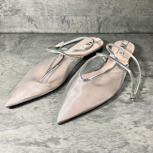 美品★【ZARA】ザラ シルバー ストラップ メッシュ ミュール 24.5cm