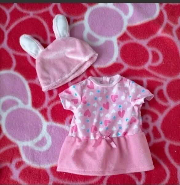 □既製品☆ 人形の服 ワンピースとうさ耳帽子 ぽぽちゃん メルちゃん ソランちゃん などに♪ 着せかえ□