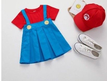 【帽子付】マリオ女の子コスプレ マリオコスプレ USJ 衣装 ハロウィン キッズ 半袖 セットアップ 女の子 120