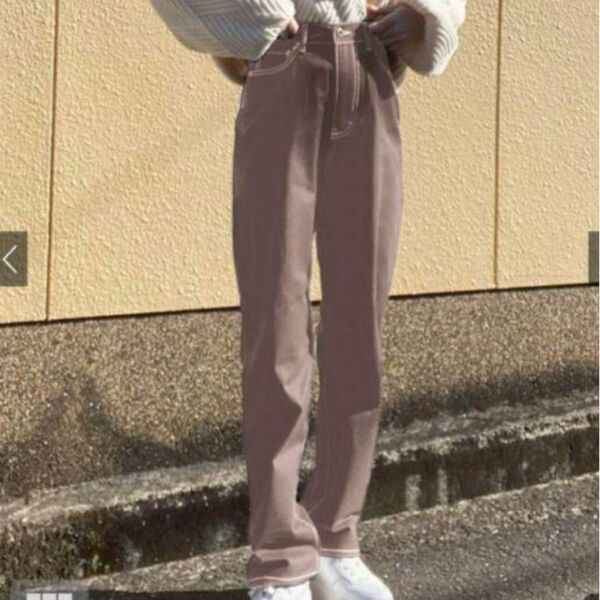 GRL 配色ステッチハイウエストストレートパンツ XS ベージュ