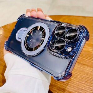 iPhone15pro ブルー メッキ加工 クリア ケース マグセーフ 対応 磁気充電 リング付き カメラ レンズ フルカバー♪