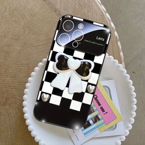 破格値 iPhone15/15Pro/15Promax チェック柄 ケース 模造ガラス ミラー光沢 レンズ フルカバー 人気♪