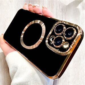 iPhone14 ブラック ゴールド メッキ ソフト ケース マグセーフ 対応 磁気充電 カメラ レンズ フルカバー 人気♪