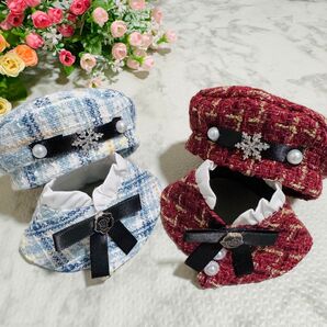 【レッド&ブルー】ぬい服 10cm 〜 12cm用 帽子 ポンチョ セット ぬいぐるみ服 ベレー帽 マントコート 赤 青