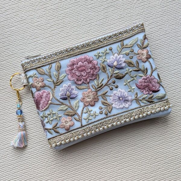 インド刺繍リボンポーチ 85.ブルー系 ハンドメイド マチ付きポーチ
