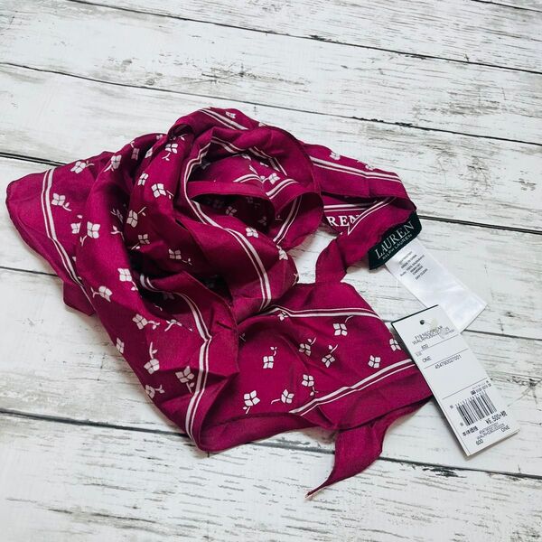 新品未使用タグ付き LAUREN RALPH LAUREN スカーフ レッド 花柄 シルク100% お洒落