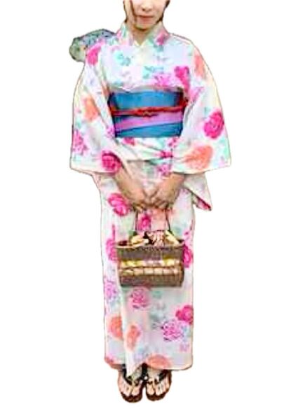 成人女子用白地薔薇柄浴衣