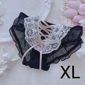 ロリかわ ランジェリー 黒 XLサイズ セクシー ショーツ レース フリフリ リボン おまとめあり チュール シースルー 透け感
