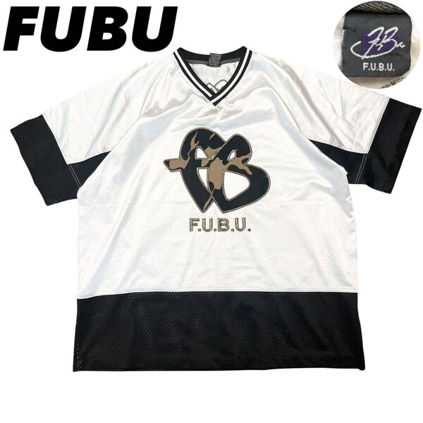 90s FUBU フブ ゲームシャツ 両面ロゴ刺繍 ホッケーシャツ メッシュ切り替え ホワイト 黒金 Tシャツ ユニフォーム