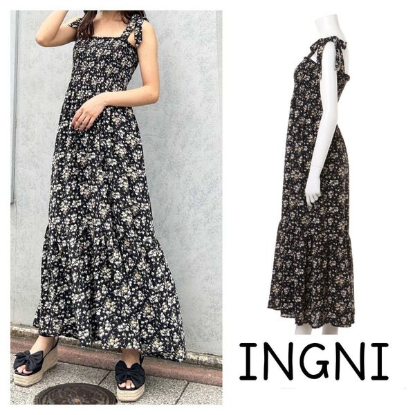 INGNI イング 花柄シャーリングワンピース 黒 No.150