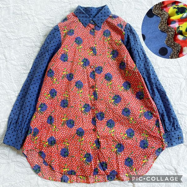 ロイスクレヨン リバティ ブラウス ジュニパー ドット M 長袖 ドッキング 赤 青 総柄 シャツ 刺繍