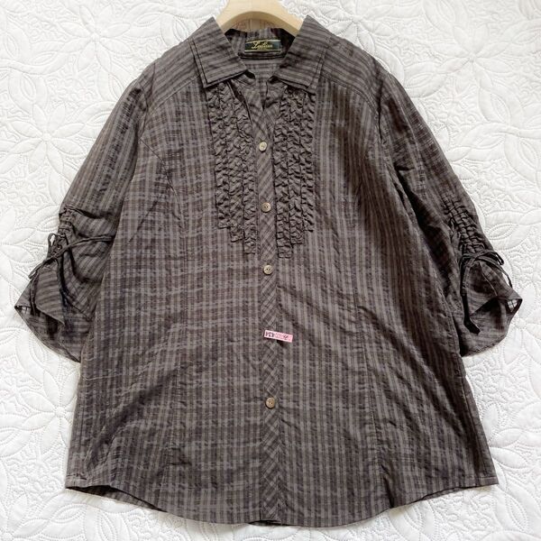 レリアン ブラウス 13+ ブラウン フリル ギャザー チュニック 七分袖 XL チュニック トップス
