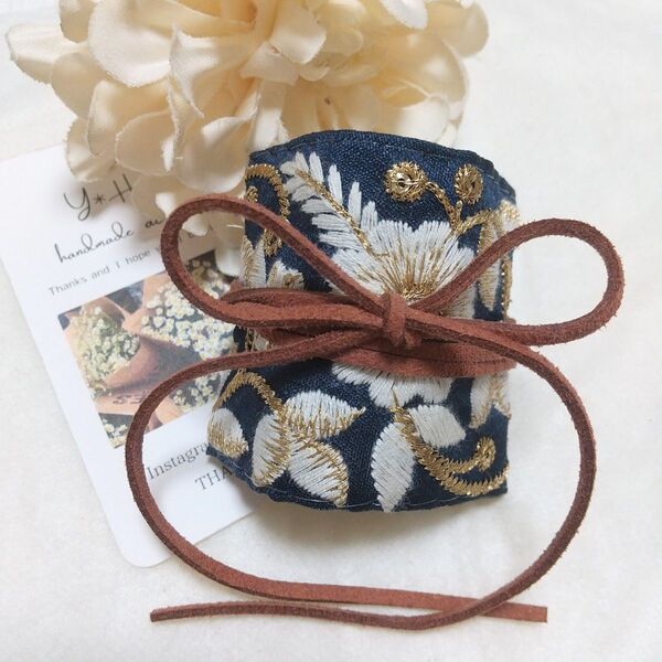 再販 インド刺繍リボンポニーフック ラップリボン ネイビー ハンドメイド