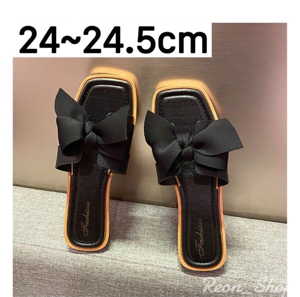 【特価】リボン ビーチサンダル ぺたんこ ローヒール きれいめ サンダル 春夏 韓国 ブラック 黒 24cm~24.5cm