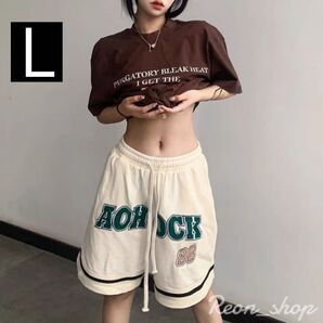 【セール】ロゴ グリーン 男女兼用 ハーフ ショートパンツ オーバーサイズ バスケ ストリート ユニフォー厶風 韓国 春夏 L