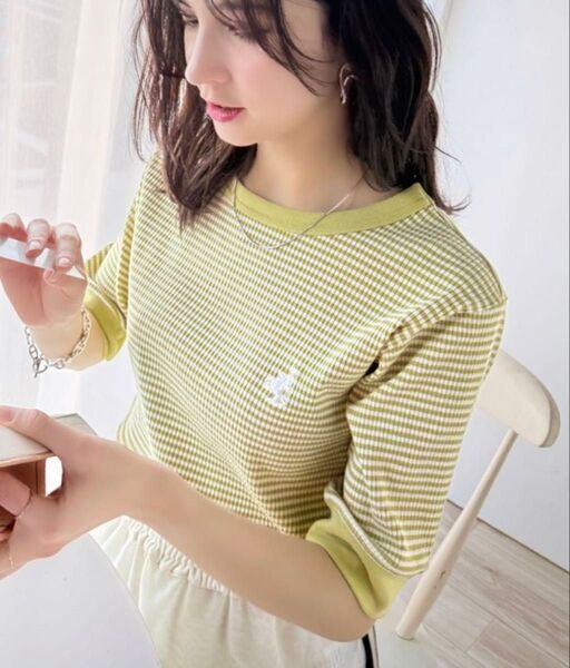 レディース・リンガーボートネックボーダー半袖Tシャツ【L】
