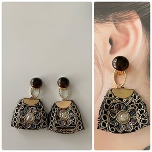 インドリボン刺繍 イヤリング 大ぶり 小ぶり 2way ゴールド グリーン ハンドメイド