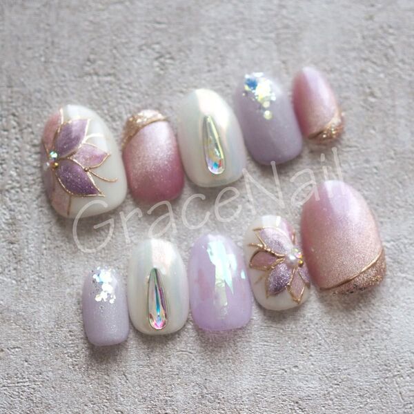 No.2139 現品販売!ネイルチップ マグネットフラワー/ピンク/パープル