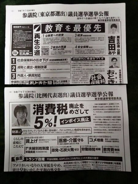 参議院 (東京都選出) 議員選挙選挙公報 比例代表選出 参政党 減税 消費税 自民党