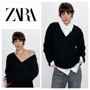 新品　ZARA 裏編みニットセーター　Vネックニット 黒　S 20713