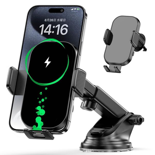 スマホホルダー 車載 ワイヤレス充電器 スタンド 自動開閉 360度回転 15W 急速 Qi対応 吸盤吸着 エアコン吹き出し口