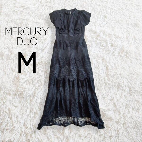 MERCURYDUO マーキュリーデュオ/総レースフィッシュテールワンピース M ブラック 黒 半袖 ロング ミディミモレ 半端丈