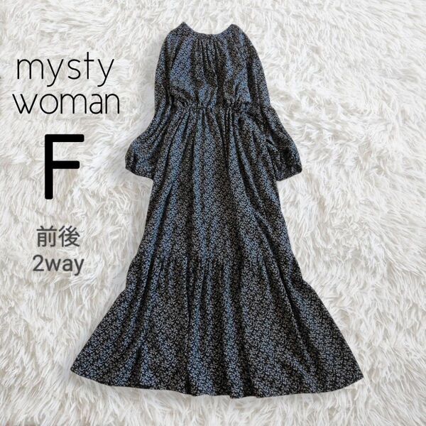mysty woman ミスティウーマン/前後2way 花柄ドロストワンピース ブラック 黒 長袖 ロング ミディ ミモレ 半端丈