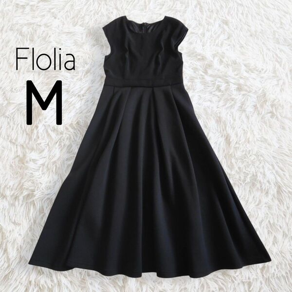 Flolia フロリア/異素材ワンピース M ブラック黒 半袖 フレンチスリーブ フレア ロング 膝下 セレモニー 無地