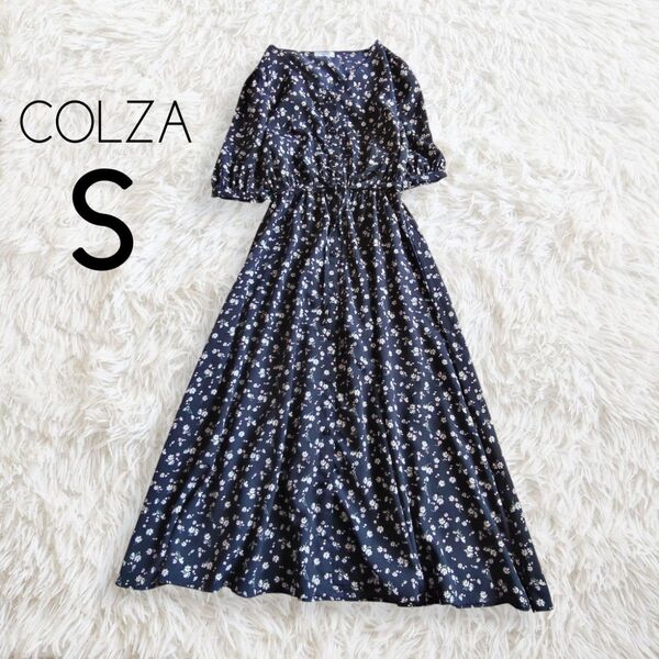 COLZA コルザ Honeys ハニーズ/花柄シャツワンピース S ネイビー 5分袖 ロング ミディ ミモレ 半端丈 総柄