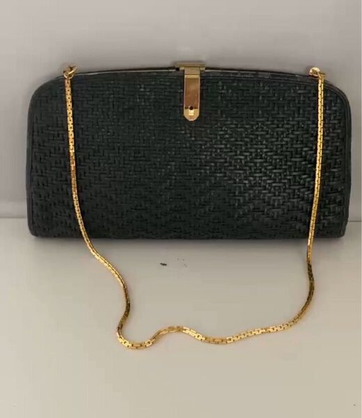 【レトロ】網目編み クラッチバッグ チェーンショルダー 2way 黒 ゴールド金具