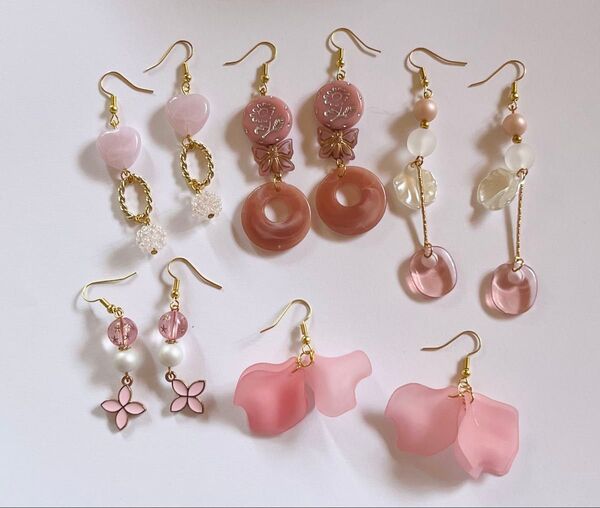【フックセットD】ハンドメイド ピアス フラワー お花 ピンク 可愛い 花びら ハート 大人 パール 白 ホワイト まとめ売り