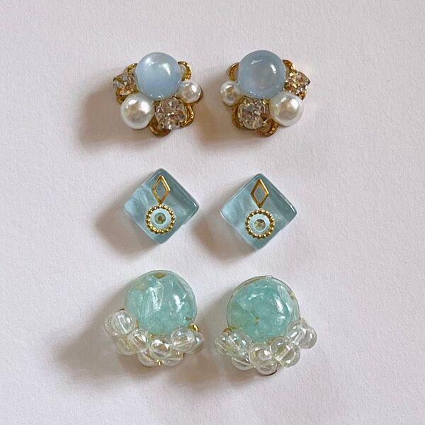 【ポストセットB】ハンドメイド ピアス イヤリング パール 水色 涼しげ 爽やか 夏 ブルー まとめ売り スクエア きらきら