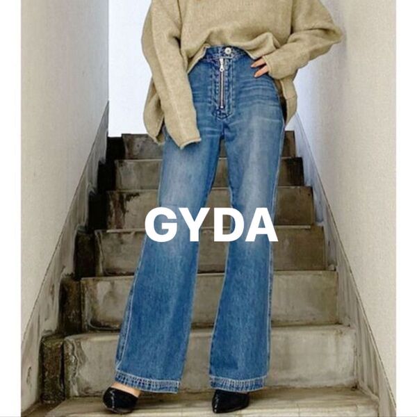 GYDA パンツ デニム ジーンズ フロントZIPデザインフレアデニムパンツ フレアデニム フレアパンツ デニムパンツ ブルー
