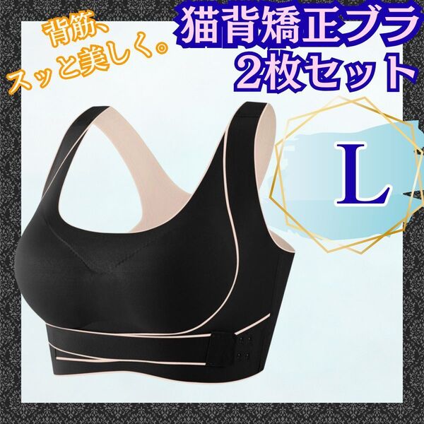 猫背矯正ブラ 2枚セット L ノンワイヤー ナイトブラ ブラック